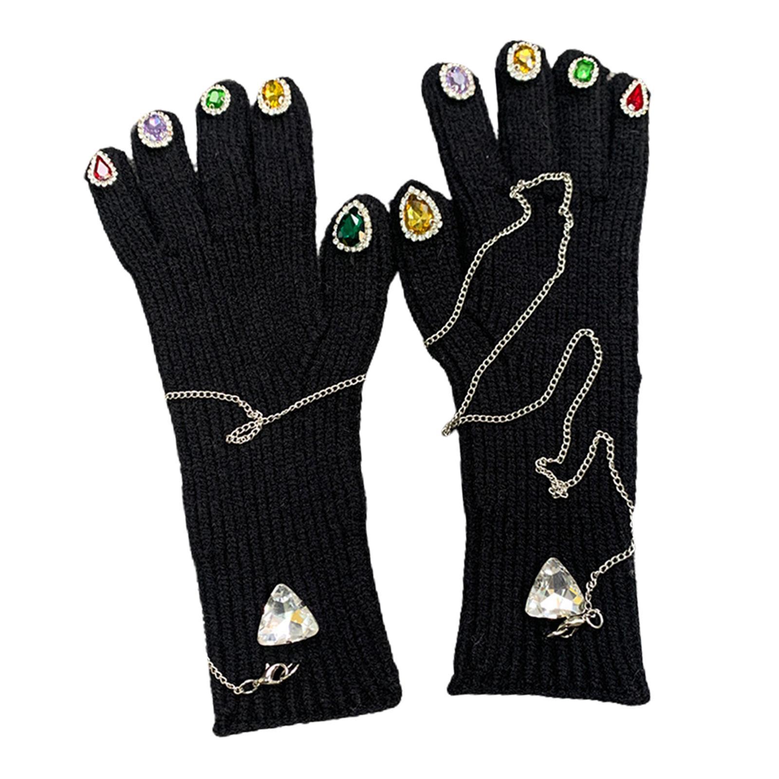 Women Winter Warm Gloves Faux Rhinestone Full Finger Thermal Gloves Elastic