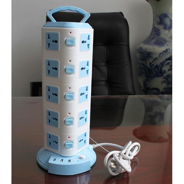 Ổ Điện 5 Tầng Hình Tháp Gồm 20 Ổ Cắm Và 3 Cổng Sạc USB Dùng Cho Chân Cắm 2 Chấu Tròn Đường Kính 4.8mm