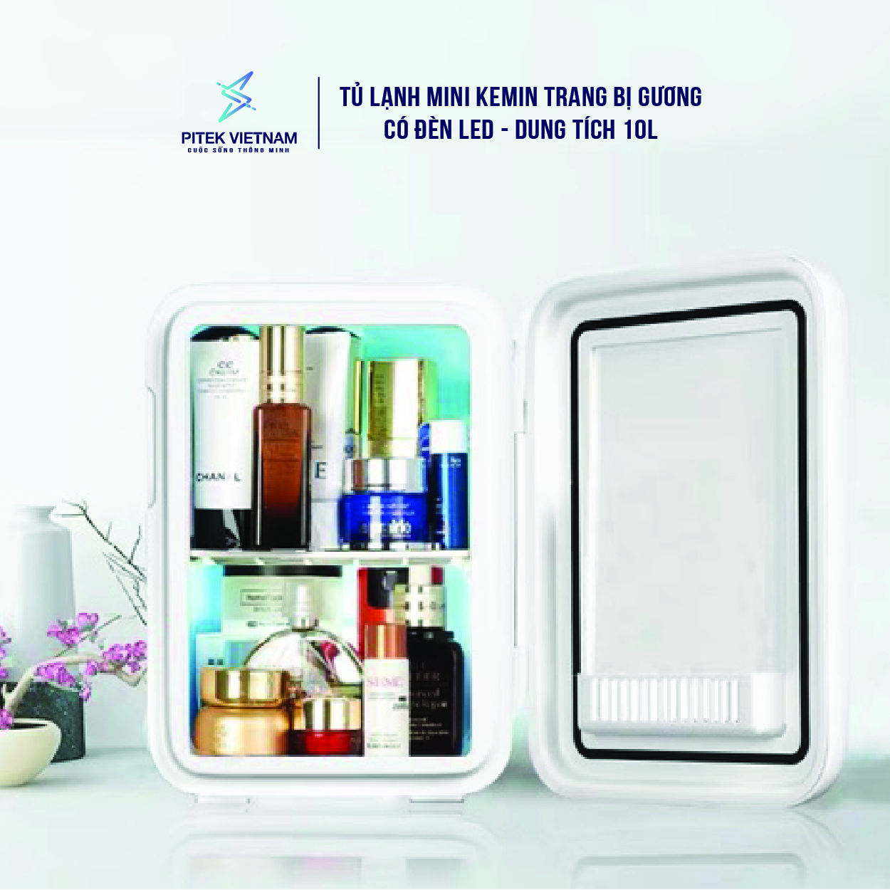 Tủ lạnh mini KEMIN cao cấp trang bị gương có đèn led 10L - Pitek