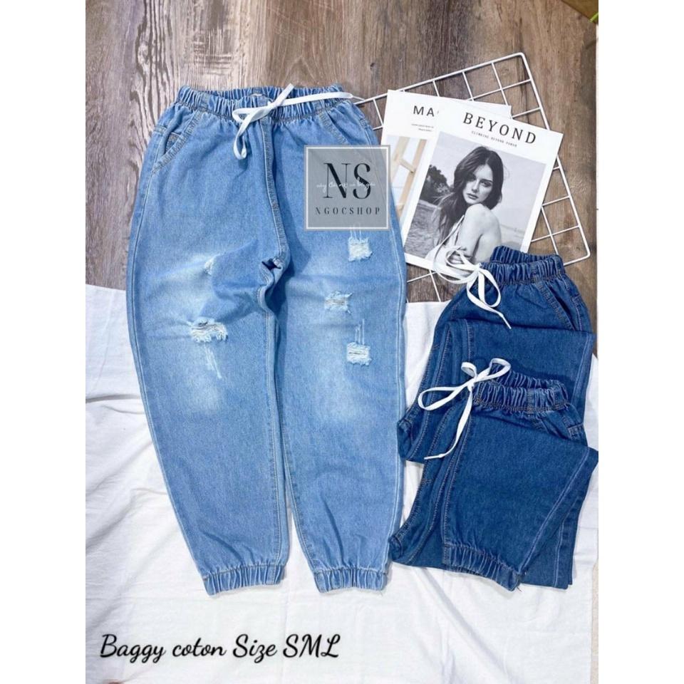 Quần jeans baggy nữ bo gấu lưng chun cào xước màu sắc xanh đậm xanh nhạt size 40-55 kg