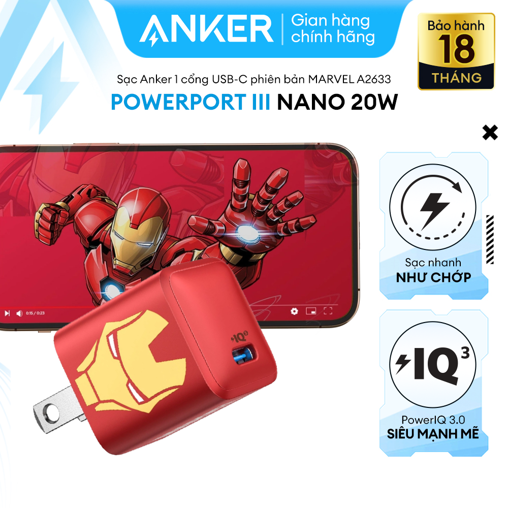 Sạc Anker Powerport Iii Nano 20W 1 Cổng Usb - C Piq 3.0 Tương Thích Pd - A2633 - Phiên Bản Marvel - Red Iron Man
