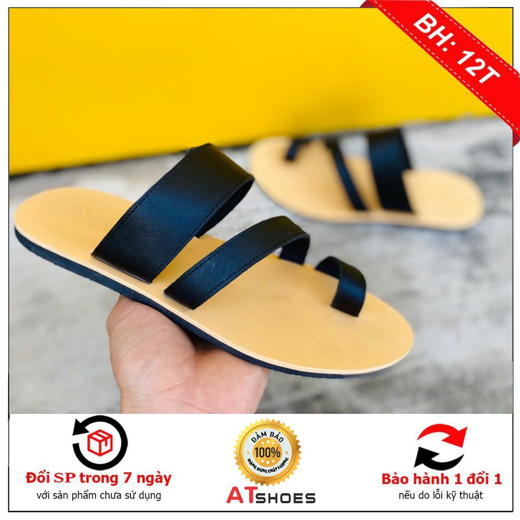 Dép Sandal Dép Xỏ Ngón Da Bò Thật Sandal Xỏ Ngón Nam Nữ Trẻ Trung Đế Caosu Chống Nước XNSG22 (Đen - Đen đế vàng