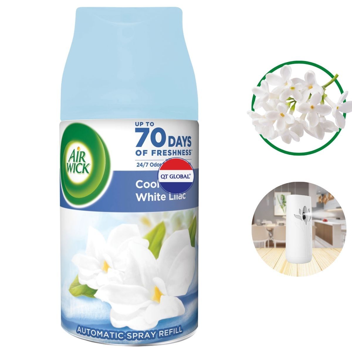 Bình xịt thơm phòng Air Wick Cool Linen &amp; White Lilac 250ml QT016834 - hoa tử đinh hương