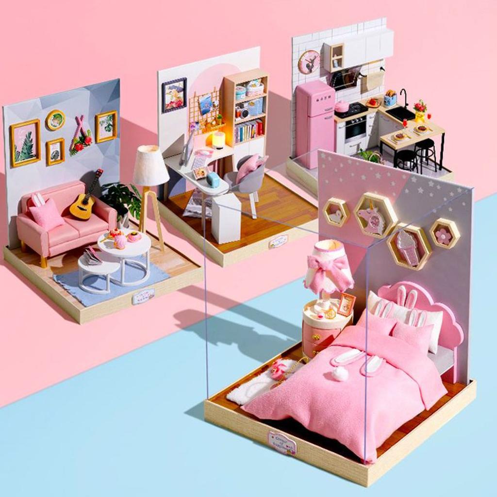 1/124 DIY Dollhouse Wooden Miniature Furniture Kit Mini 3D House with LED & Dustproof Cap, Best Birthday Gifts for Women & Girls