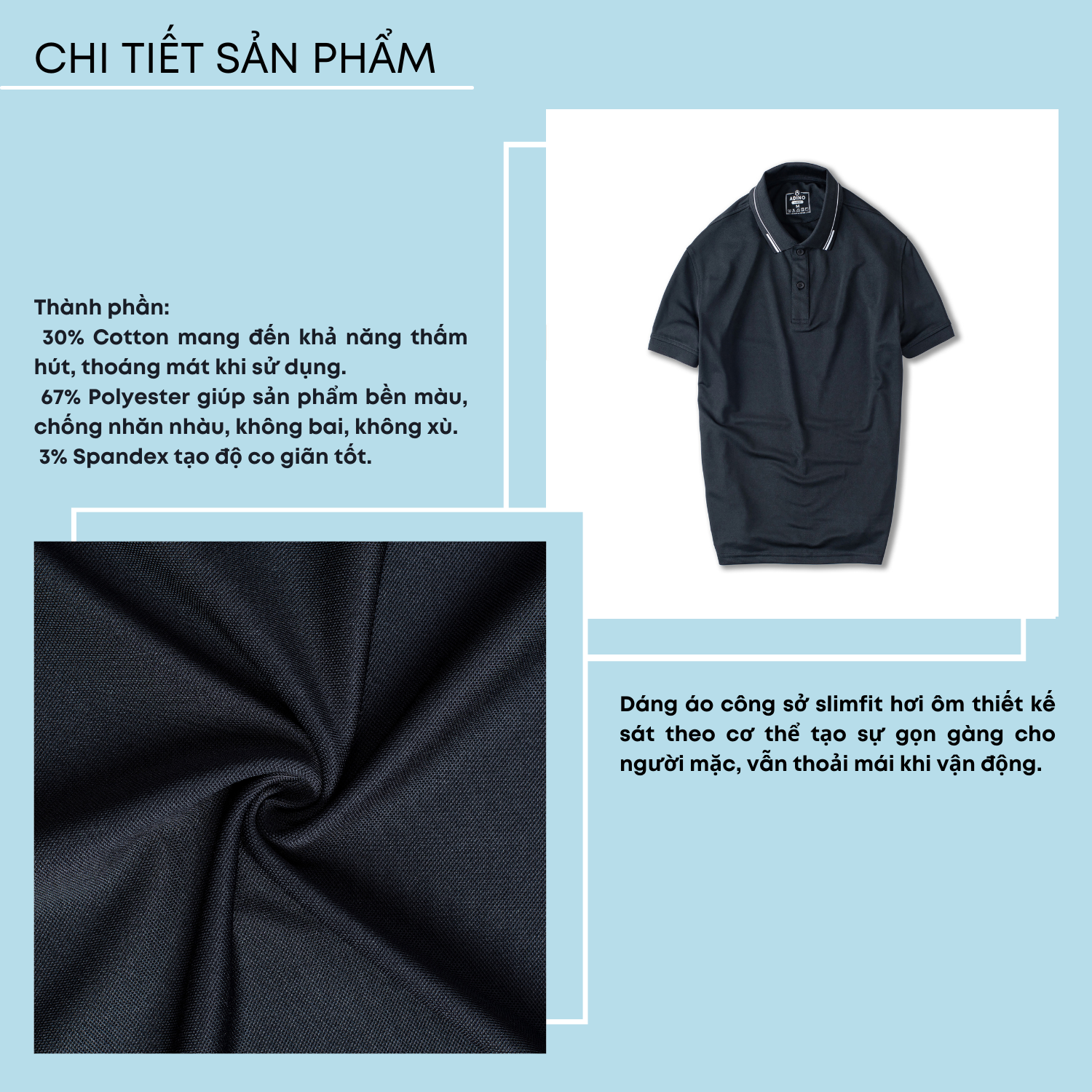 Áo polo nam màu đen phối viền ADINO vải polyester cotton mềm mịn dáng slimfit công sở trẻ trung AP96