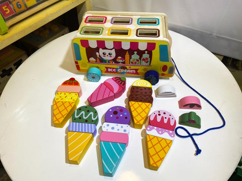 Xe kem đồ chơi nhập vai sáng tạo, đồ chơi gỗ an toàn cho trẻ nhỏ, xe bán hàng lưu động bé trai và bé gái