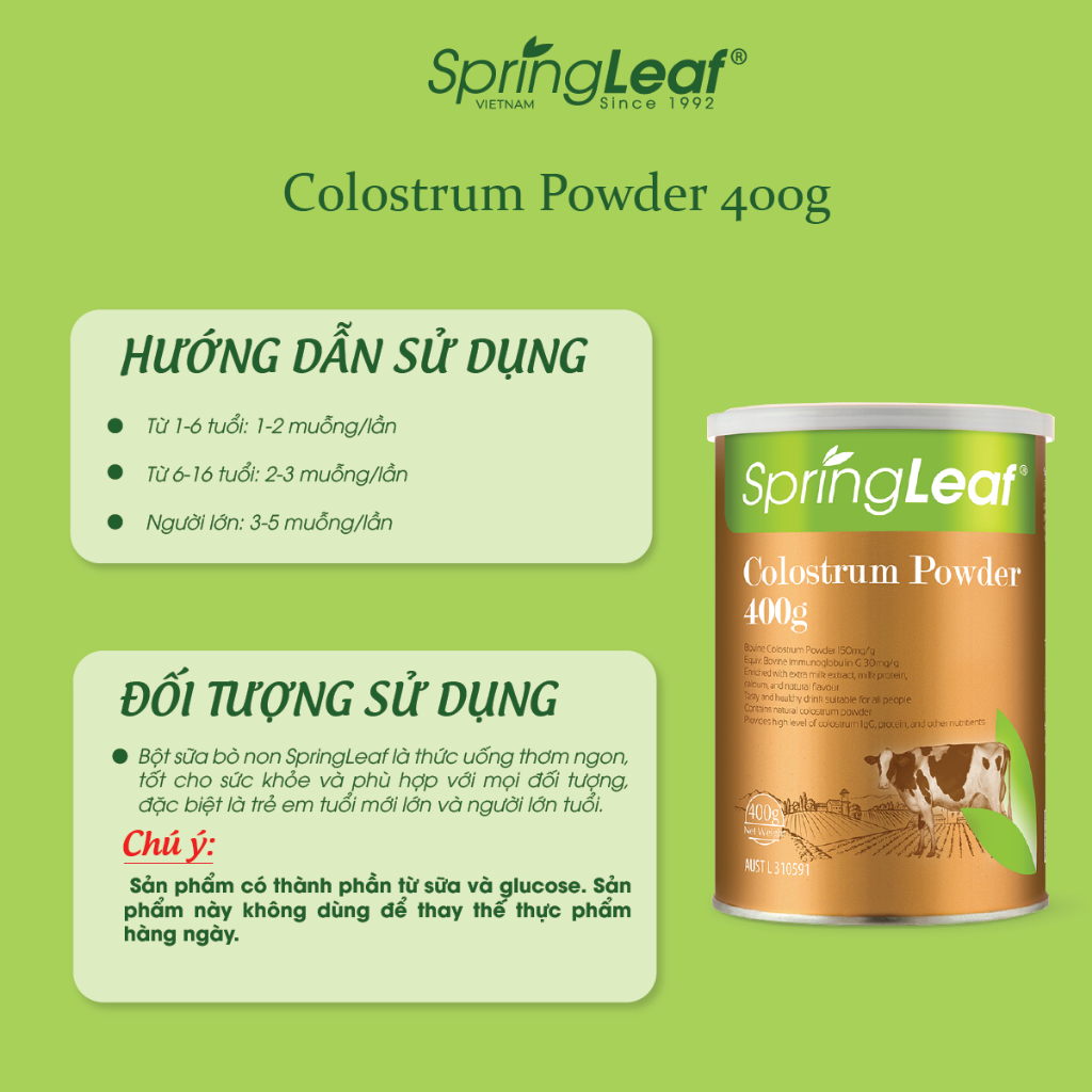 Sữa bò non cung cấp dinh dưỡng, tăng cường hệ miễn dịch dành cho mọi lứa tuổi SpringLeaf Colostrum IgG 3000mg 400g