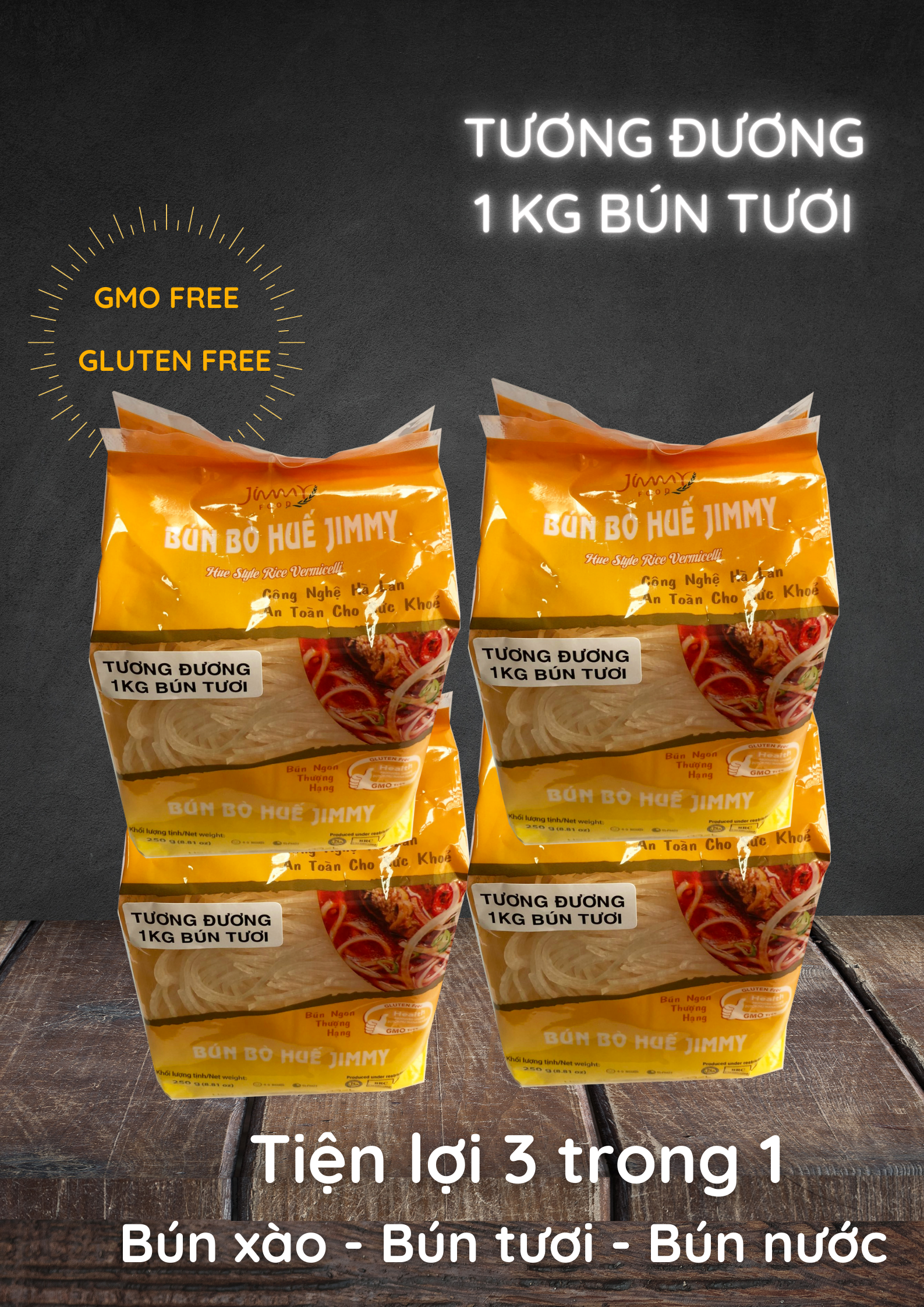 Bộ 4 gói bún bò Huế Jimmy - Bún ngon thượng hạng - Tiện lợi 3 trong 1: Bún xào, bún tươi, bún nước