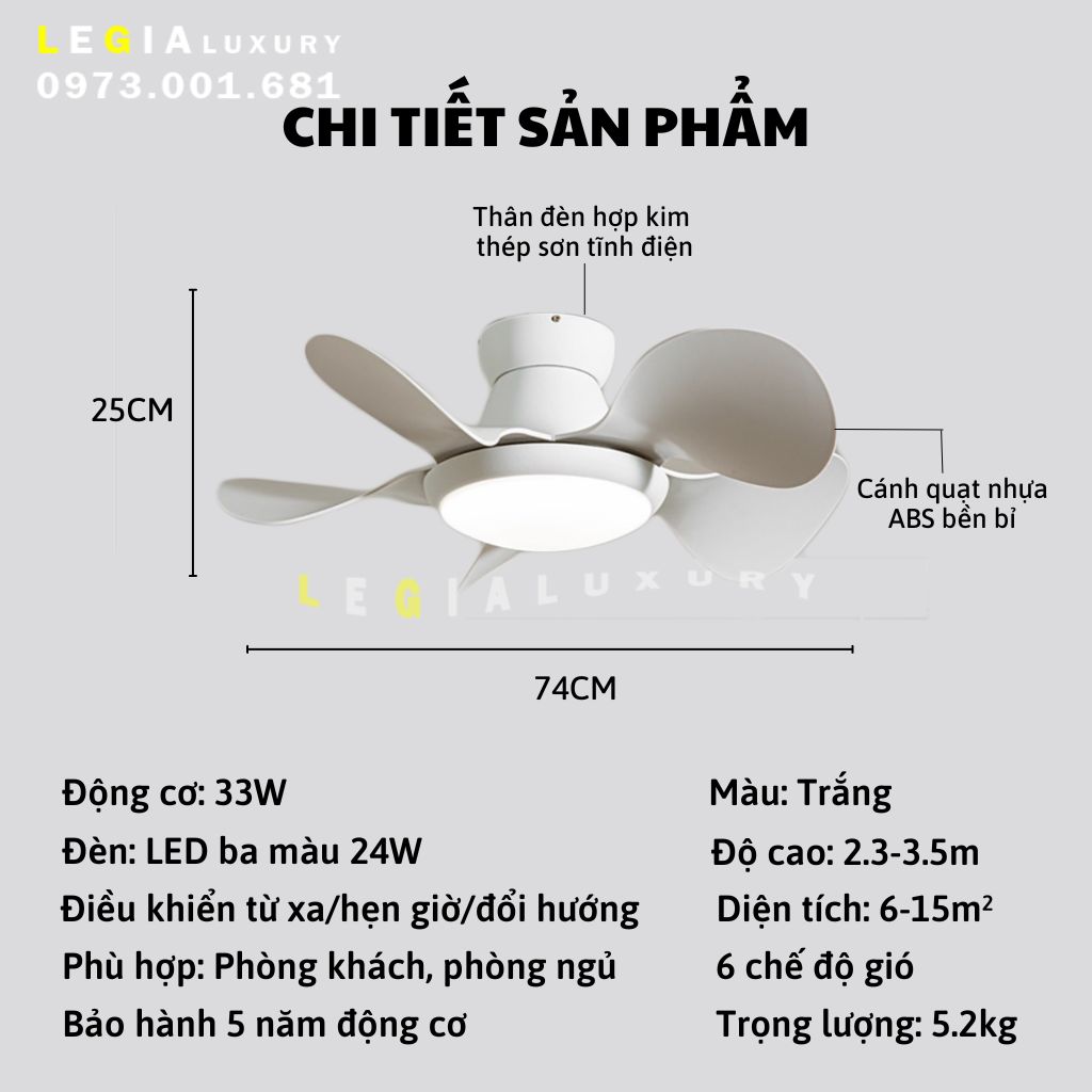 Quạt Trần Mini Gió Mạnh LÊ GIA LGFAN731T - Chiều Cao 25cm - Sải Cánh 74cm - Bảo Hành 5 Năm