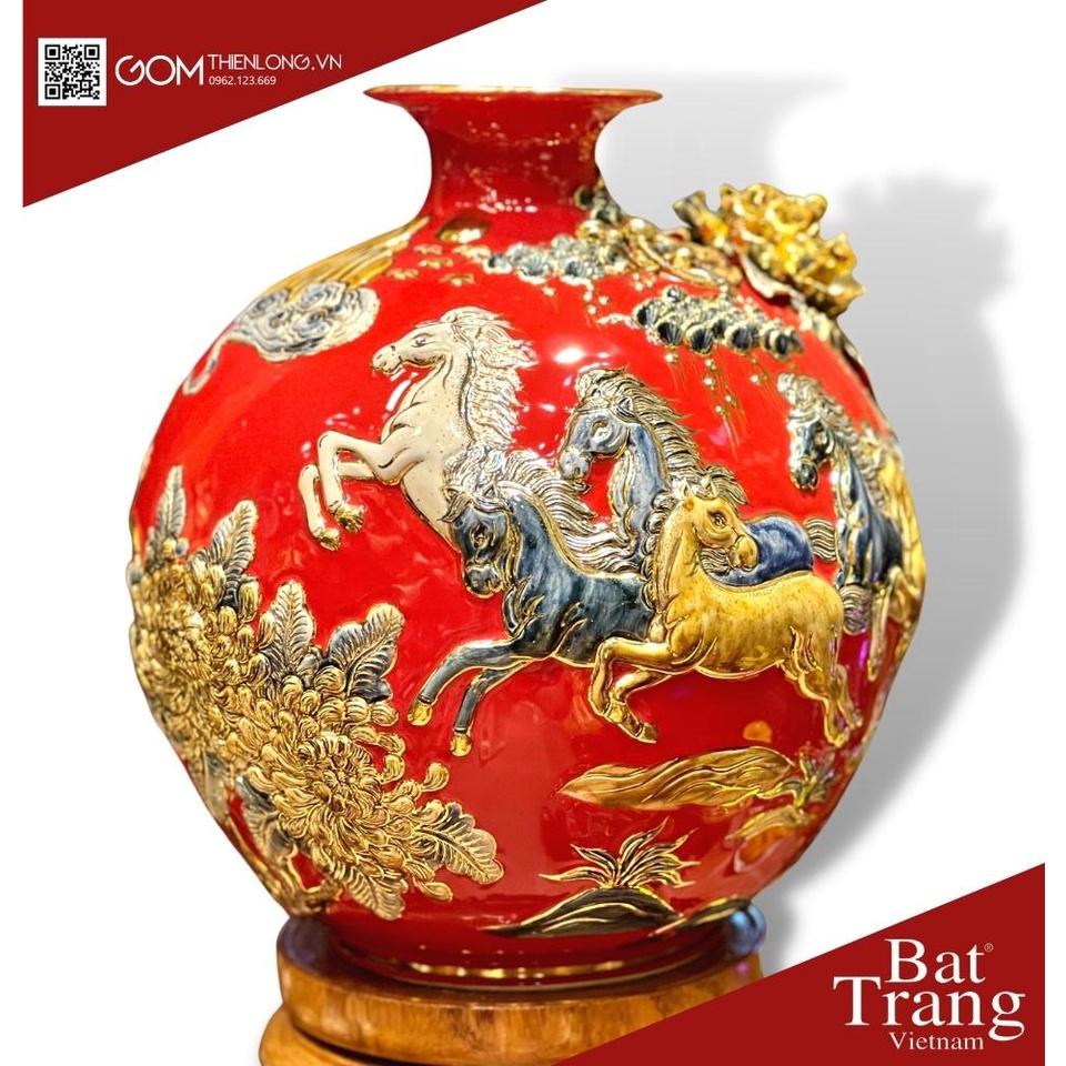 Bình Hút Lộc Mã Đáo Thành Công Màu Đỏ - Vẽ Vàng Đắp Nổi Hàng Kỹ - Bình Hút Tài Lộc Bát Tràng - Gốm Thiên Long