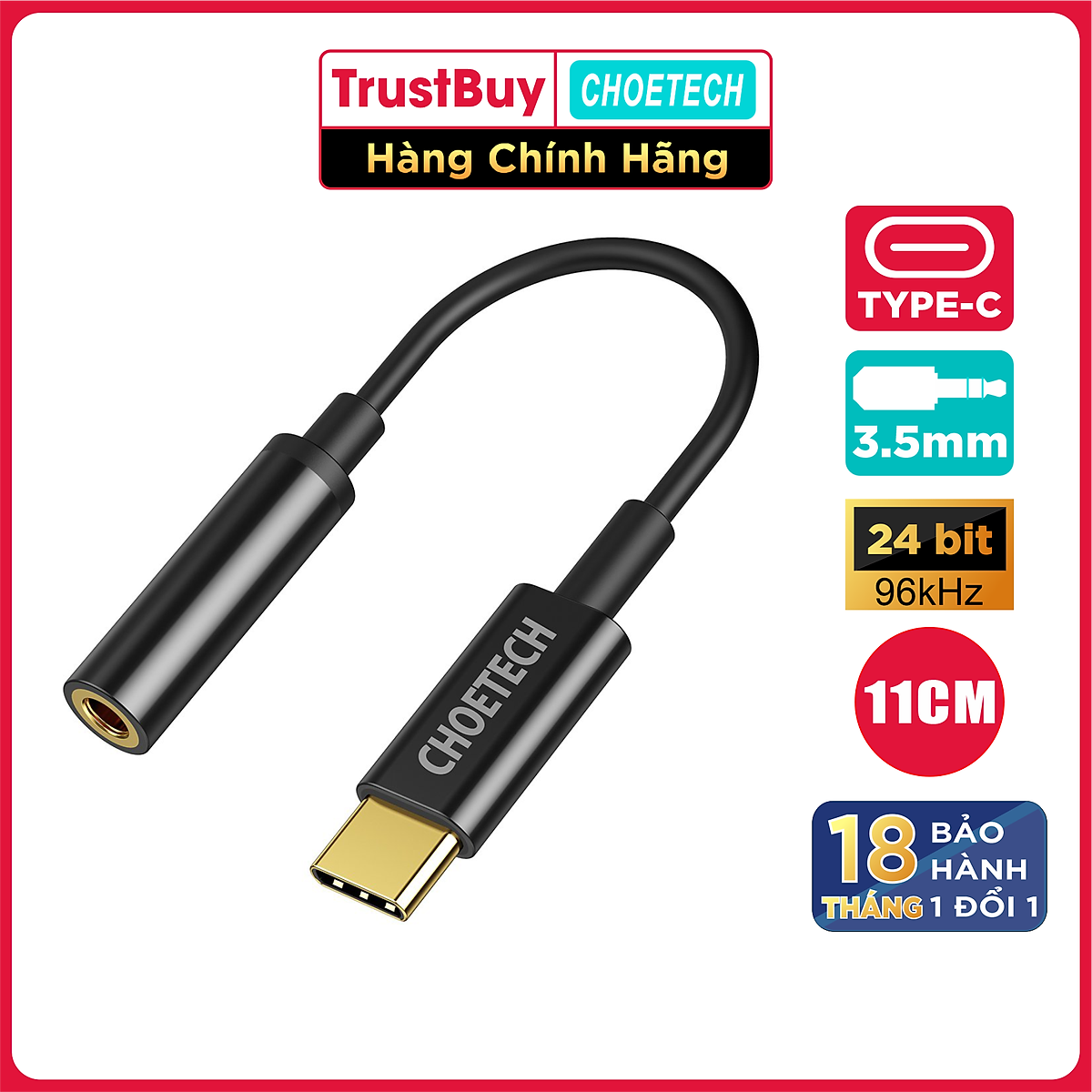 Cáp Đầu Chuyển Đổi Type C Sang 3.5mm CHOETECH AUX003-B Cho Điện Thoại Và Máy Tính Bảng, Âm Thanh Hi-Res DAC - Hàng Chính Hãng