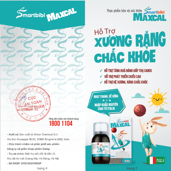 SMARTBIBI MAXCAL - Siro Bổ Sung Canxi, Viamin D3K2 Cho Trẻ, Giúp Tăng Khả Năng Hấp Thu Canxi Và Hỗ Trợ Phát Triển Chiều Cao Giảm Nguy Cơ Còi Xương, Chậm Mọc Răng Do Thiếu Canxi Ở Trẻ Nhỏ (100ml)