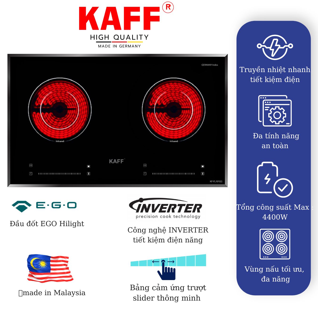 Bếp âm hồng ngoại đôi nhập khẩu Malaysia KAFF KF-FL101CC - Hàng chính hãng