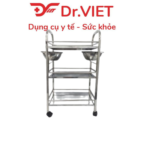 Xe đẩy Inox DrViet - 35x50 - 3 tầng - Không hộc - 2 vòng thau