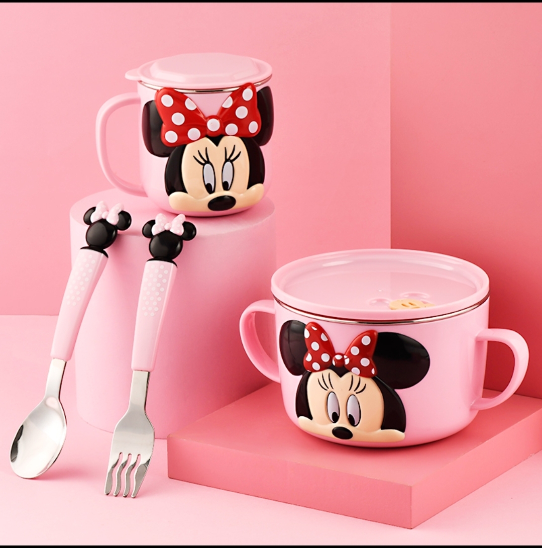 Set 4 món tô muỗng nĩa ly giữ nhiệt inox Disney Minnie cho trẻ em