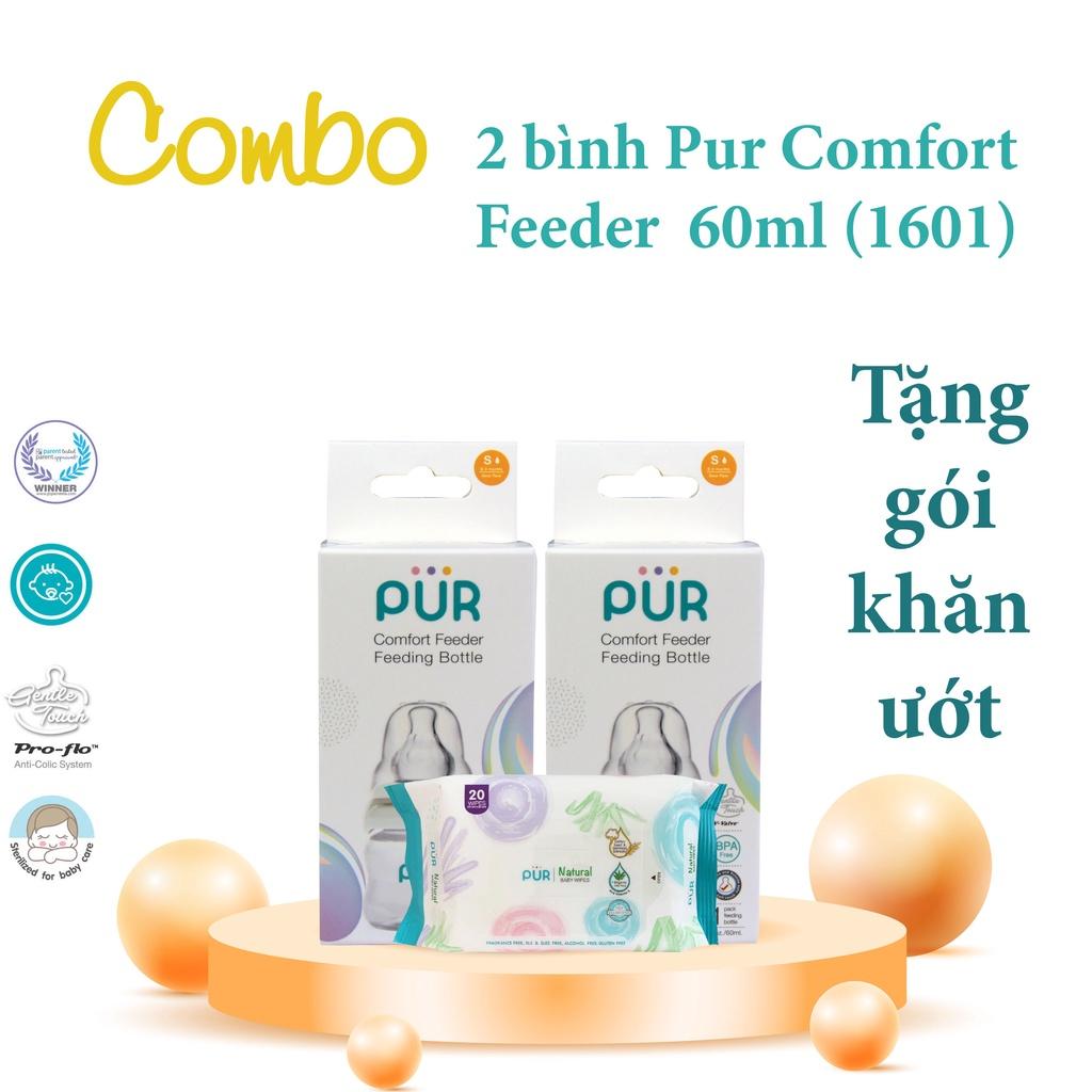 Combo 2 bình Pur Comfort Feeder 60ml cho bé sơ sinh, tặng gói khăn ướt Pur