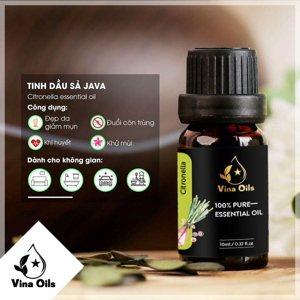 Tinh Dầu Sả Java Vina Oils 10ml - Citronella Essential Oil 10ml - Chiết Xuất Từ Thân Và Lá - Giúp Khử Mùi Không Gian, Giảm Đau Đầu, Xua Đuổi Côn Trùng, Kích Thích Tiêu Hóa, Ổn Định Tuần Hoàn Máu