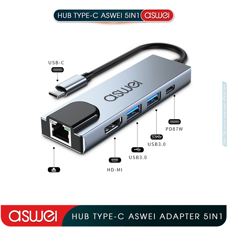 Hub Type C ASWEI 5 in 1 To HDMI, USB 3.0, Lan RJ45, PD 100W - Hàng Chính Hãng