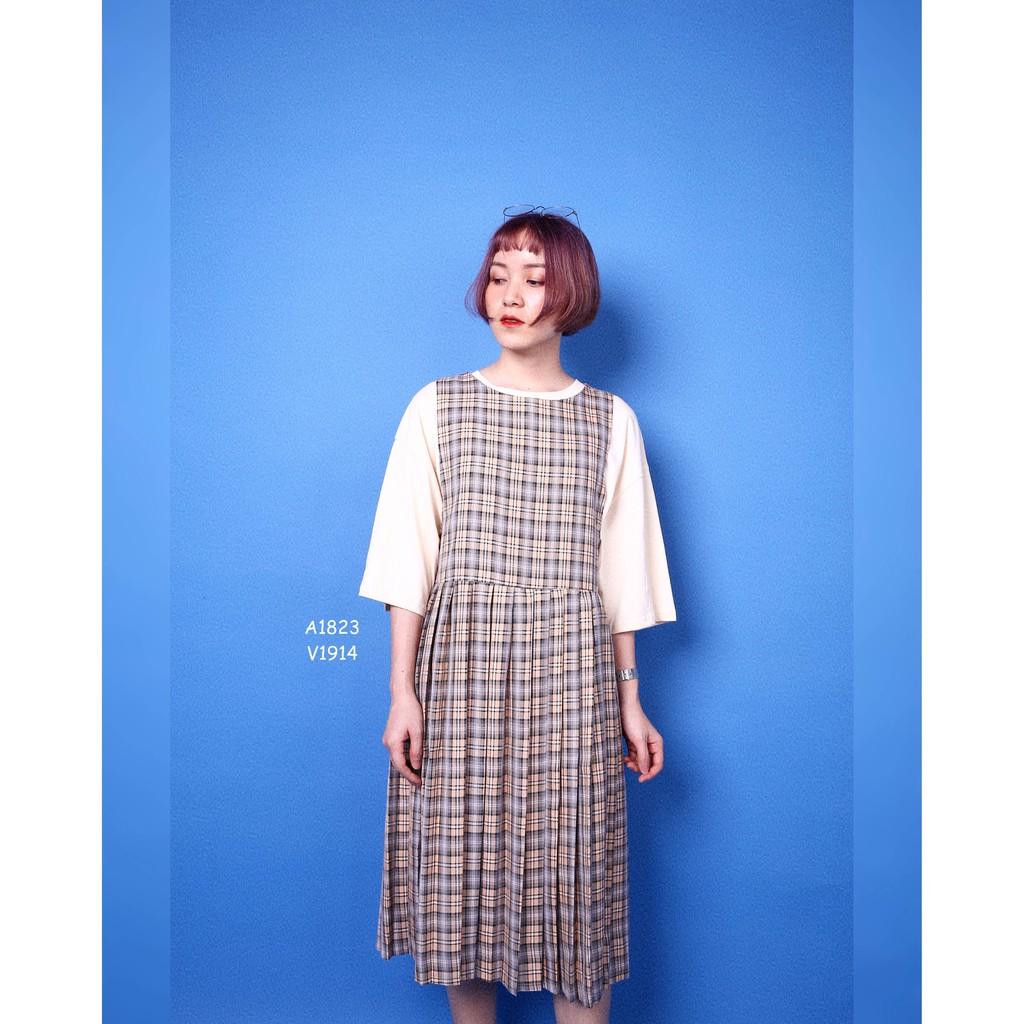 Váy liền kẻ caro Minion Clothing dáng xoè xếp li phong cách Ulzzang Streetwear Hàn Quốc V1914