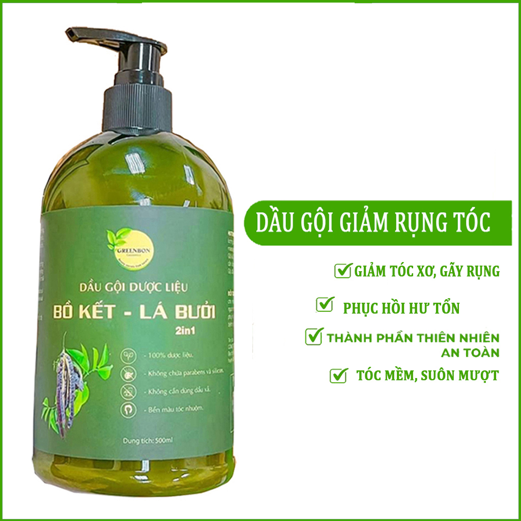 Dầu gội dược liệu Bồ kết Lá bưởi 2in1 GREENBON - Giảm tóc rụng, kích mọc tóc