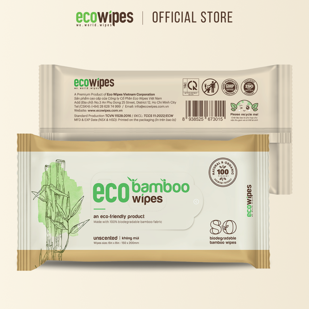 Khăn giấy ướt cao cấp EcoWipes gói 80 tờ vải sợi tre sinh thái Bamboo không mùi có thể phân hủy