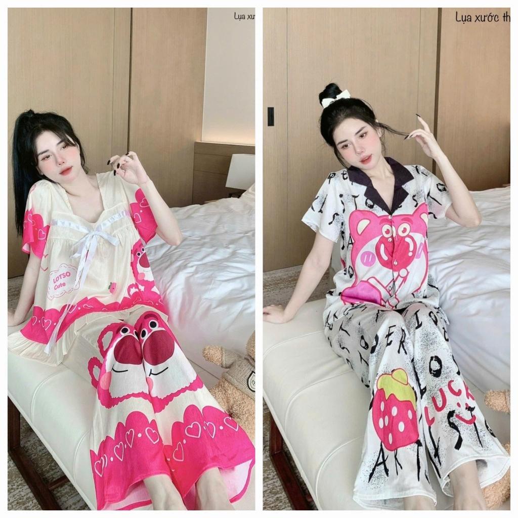 Đồ Bộ Pijama Lụa Xước Thiết Kế 3D Tay Ngắn Quần Dài (hồng/đen) Freesize dưới 58Kg