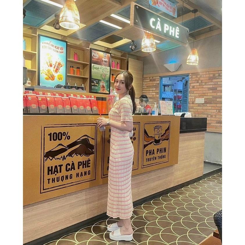Váy maxi len kẻ ngang cổ bẻ cực hot