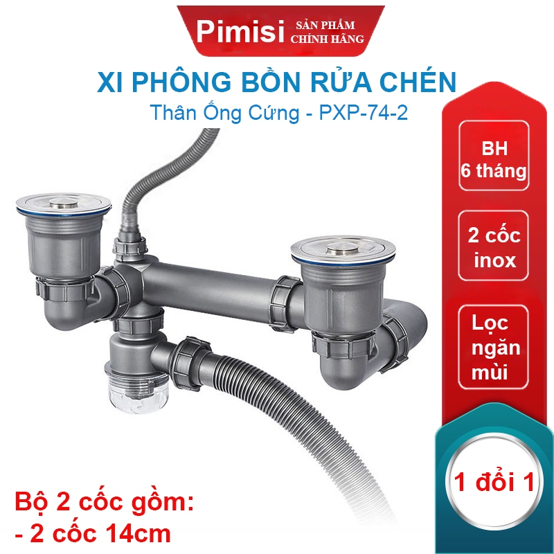 Bộ Xi Phông Chậu Rửa Bát 2 Hố Phi 140 Inox 304 Pimisi PXP-74-2 Xả Nước Chậu Rửa Chén 2 Hộc-1 Thoát Tràn | Chính Hãng