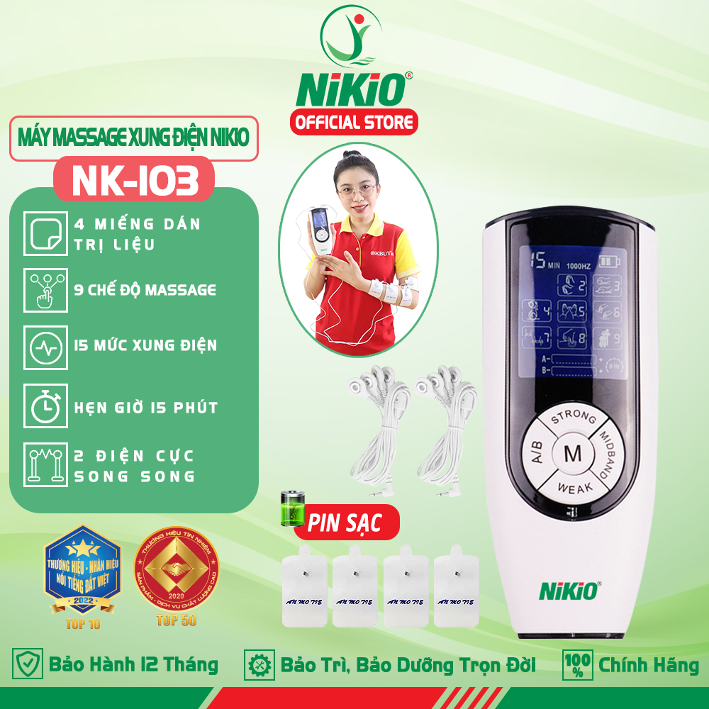 Máy Massage Xung Điện Trị Liệu Nikio NK-103 - 4 Miếng Dán Mát Xa Thư Giãn Giảm Đau Nhức Toàn Thân, 9 Chế Độ, 15 Cường Độ Matxa Tùy Chỉnh - Dòng Cao Cấp Pin Sạc