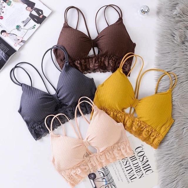 Áo Ngực Bra. Áo Lót bra thắt nơ phối viền ren chữ in ẩn cao cấp