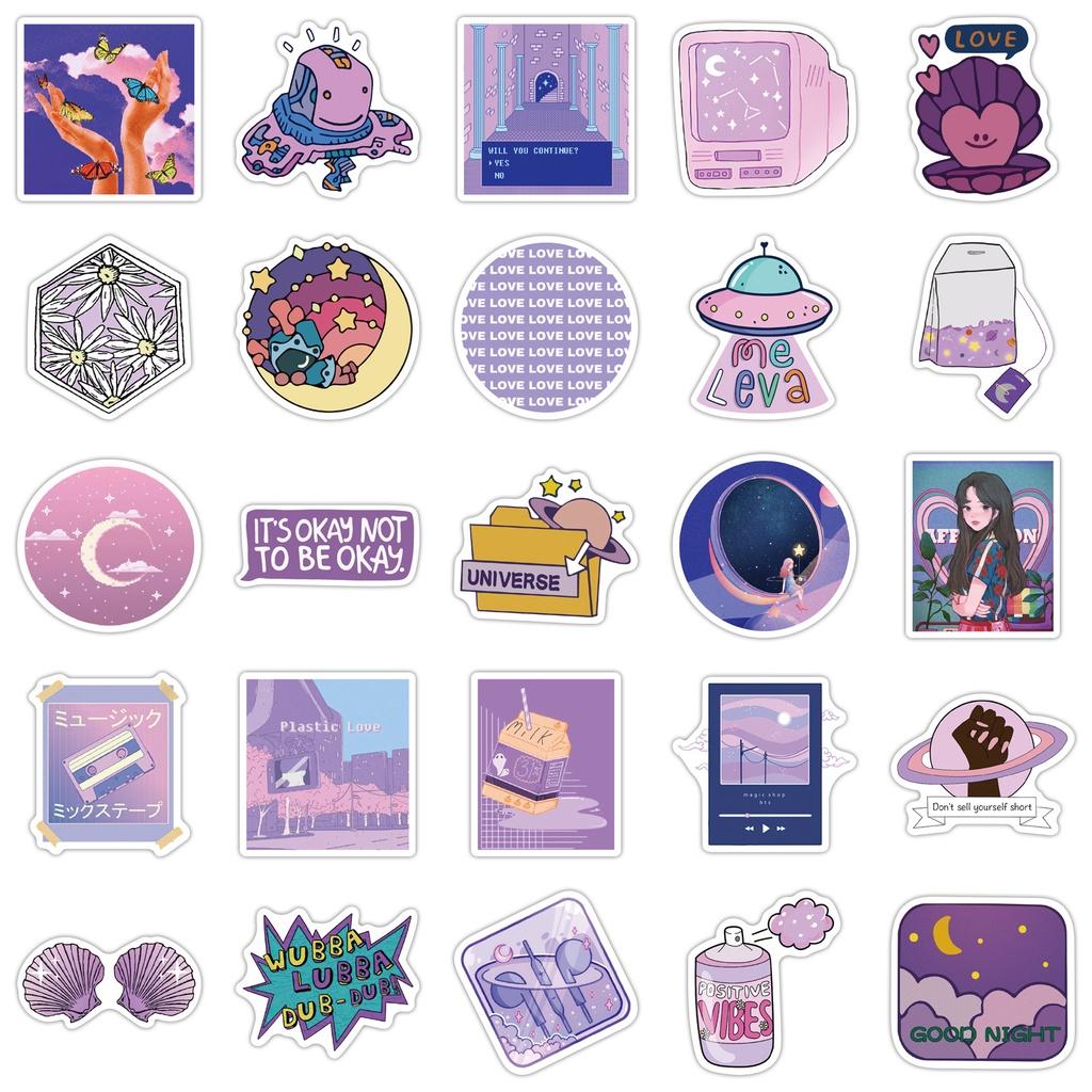 Set 50 Cái STICKER Khác Nhau Màu Tím Chống Thấm Nước Trang Trí Điện Thoại , Laptop , Vali Siêu Cute