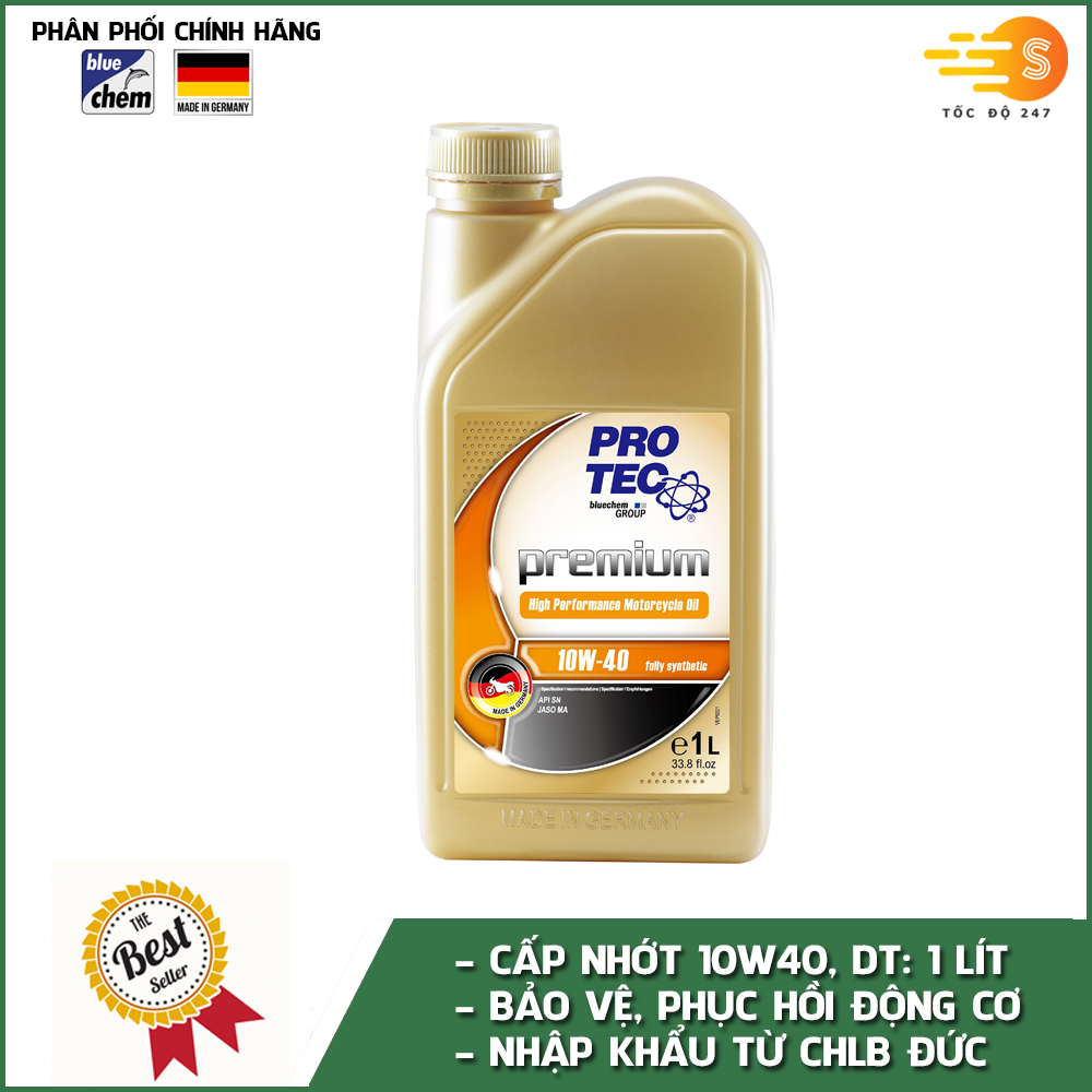 Dầu nhớt tổng hợp động cơ cho xe số, xe máy phân khối lớn, xe côn tay Pro-tec Premium Bluechem 10W40 PT-10W40-MA1L 1lít - Phù hợp cho xe chạy xa, chạy phượt, leo dốc giúp máy bốc, chạy êm xe mát máy