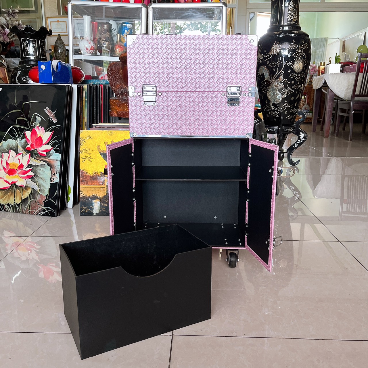 Cốp vali kéo nhiều ngăn đựng dụng cụ trang điểm, make up, phun xăm, nối mi, mỹ phẩm size 36x22x64 cm