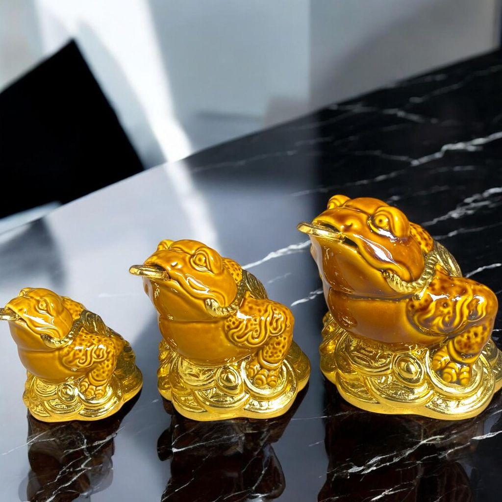 Cóc tỳ gốm nâu vàng dát vàng RỒNG VIỆT- Thiềm thừ, tỳ hưu phong thủy trang trí cho bàn thờ Thần Tài