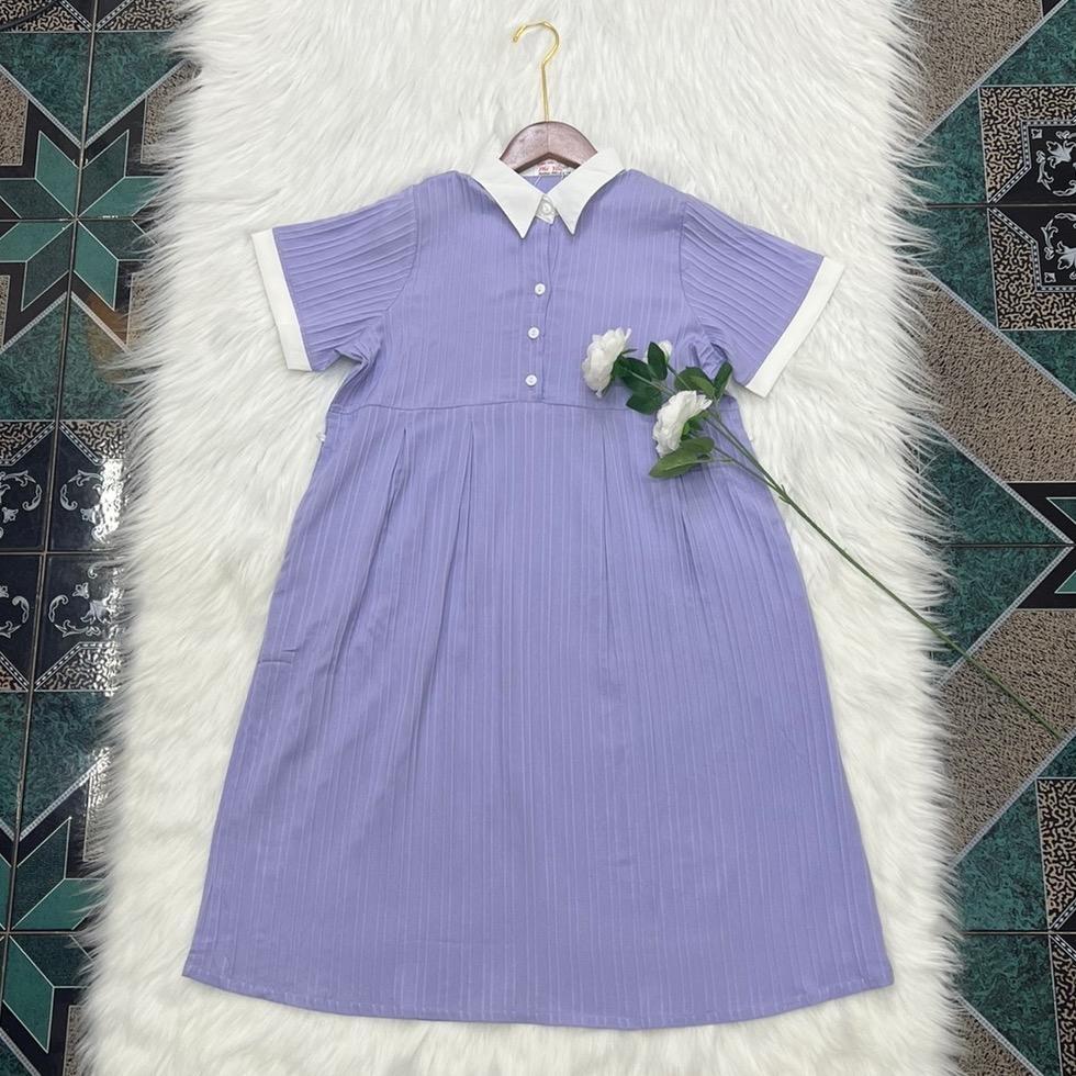 Đầm bầu babydoll đũi gân cổ sơ mi thanh lịch, phối màu bầu diện dễ thương - Đen