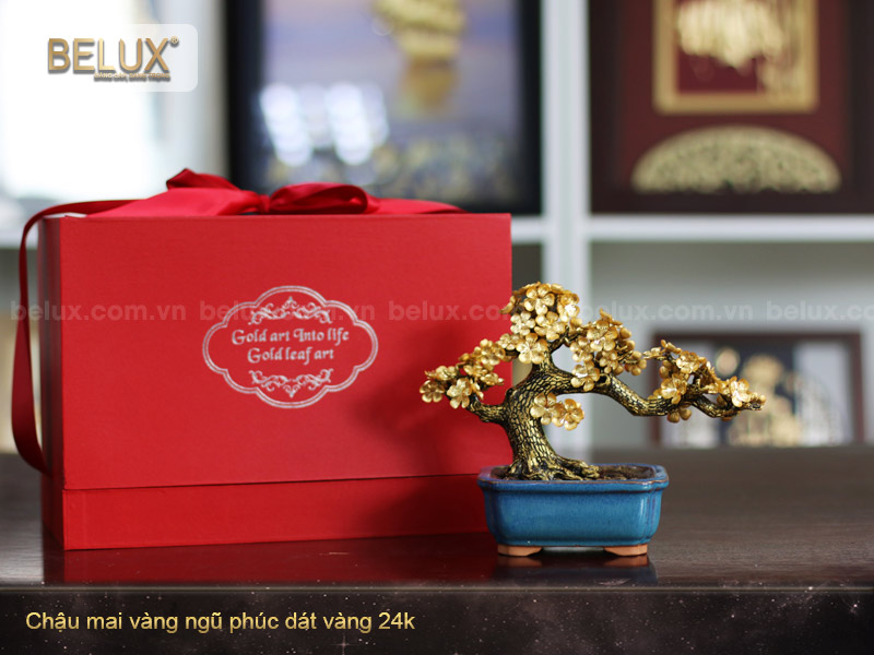 Chậu mai vàng ngũ phúc dát vàng 24k - quà tặng phong thủy