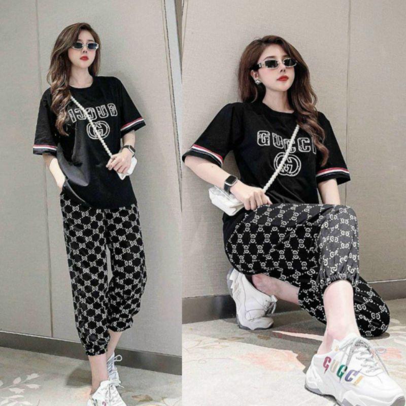 Bộ đồ nữ form rộng phối họa tiết thêu logo sang trọng siêu đẹp