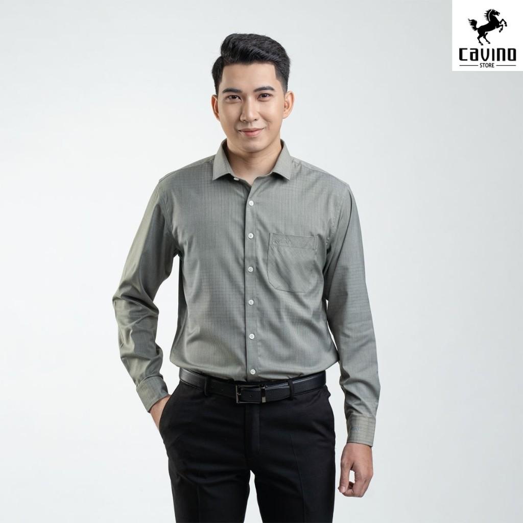 Sơ mi nam nâu rêu kẻ tăm 928 CAVINO cao cấp, vải bambo sợi tre chống nhăn, thoáng khí