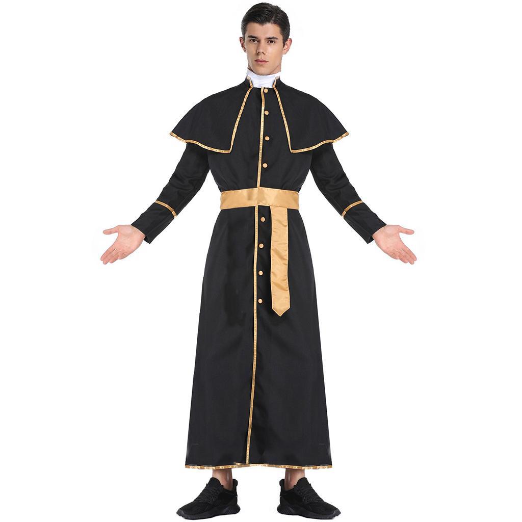 Priest Male Cassock Robe Cloak and Belt Minister Halloween Party Cosplay --M