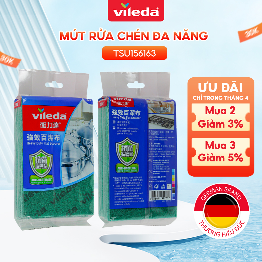 Miếng rửa chén VILEDA gói 4 miếng loại cứng, cọ rửa mọi vết bẩn nhà bếp, chống vi khuẩn gây mùi - TSU156163