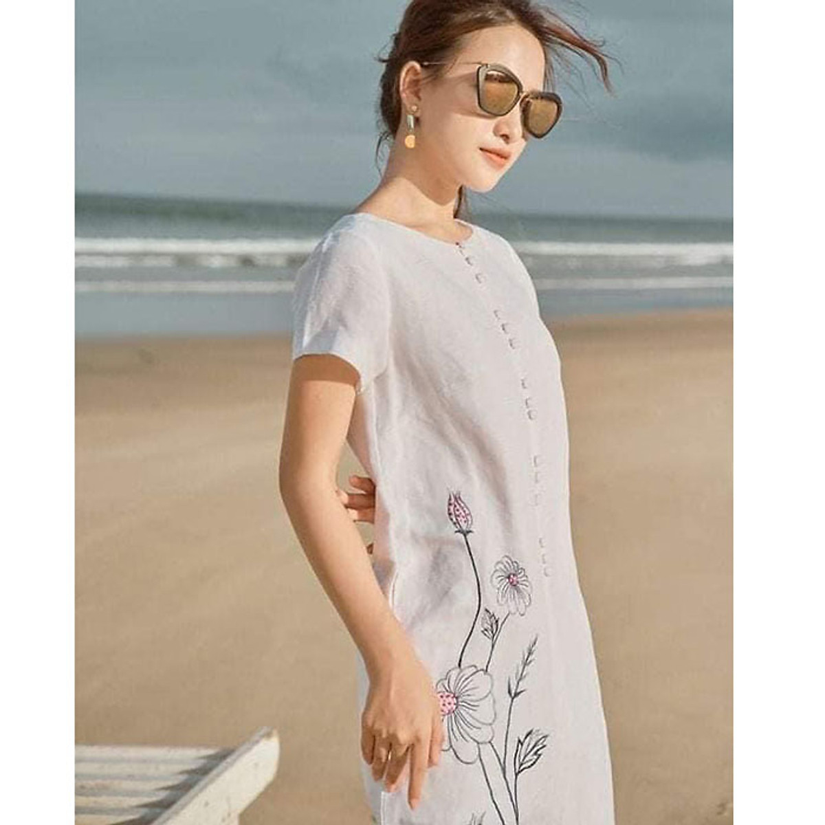 Đầm suông thêu hoa Linen tưng Premium sang trọng