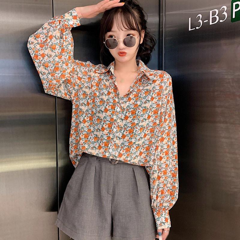 Áo Sơ Mi Tay Dài Form Rộng Họa Tiết Hoa Phong Cách Vintage