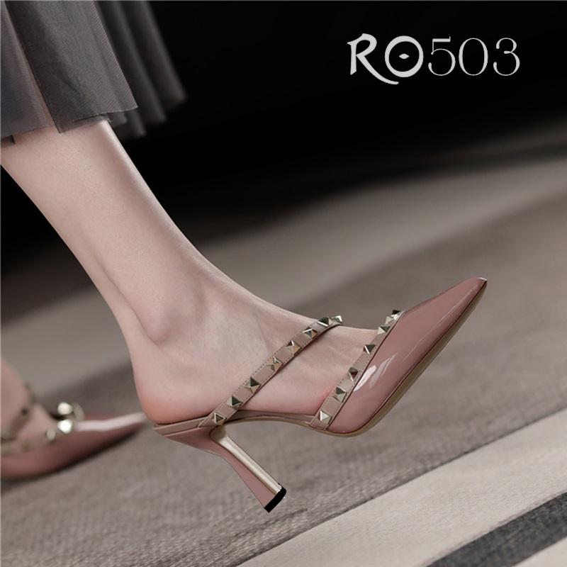 Giày cao gót nữ đẹp đế vuông 7 phân hàng hiệu rosata hai màu đen hồng ro503