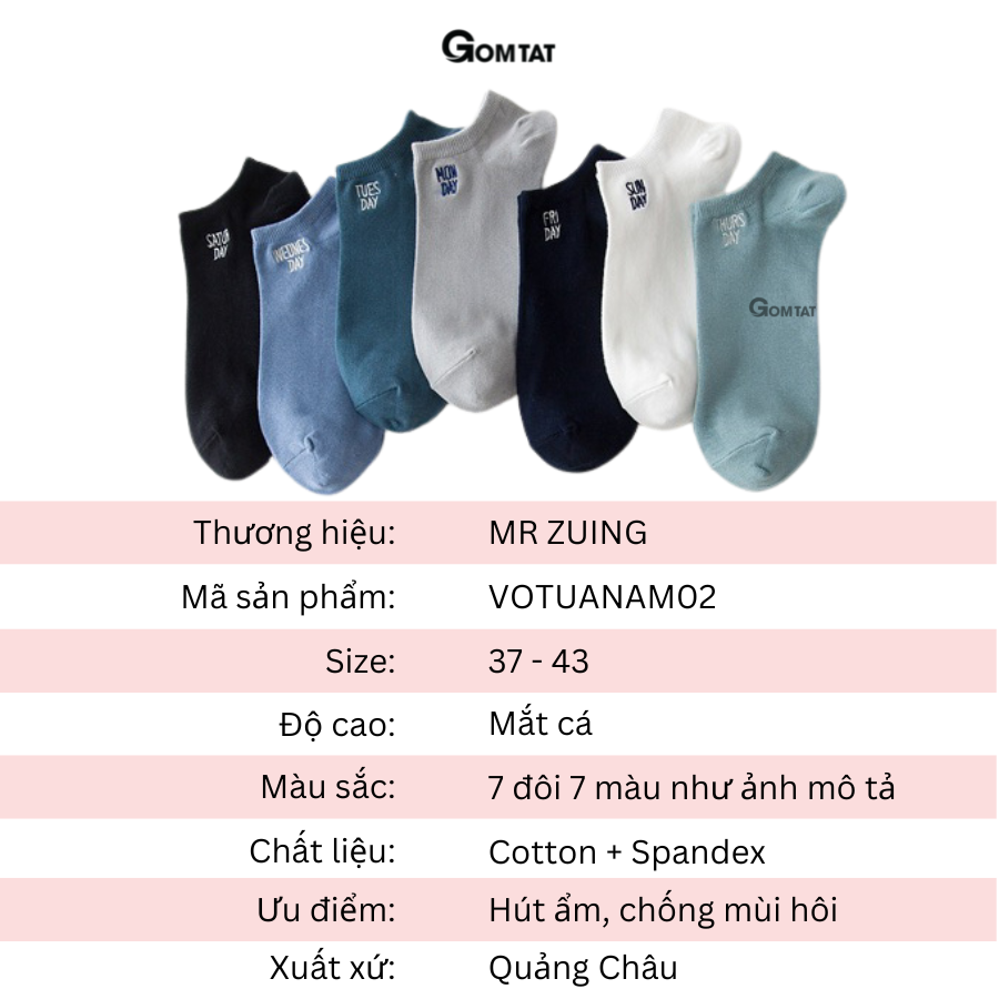 Set 7 đôi Vớ cổ ngắn nam chất liệu cotton cao cấp, tất nam cổ thấp 7 đôi sử dụng 7 ngày - VOTUAN-NAM02