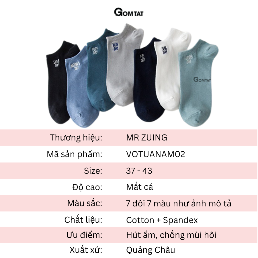 Set 7 đôi Vớ cổ ngắn nam chất liệu cotton cao cấp, tất nam cổ thấp 7 đôi sử dụng 7 ngày [mẫu nam 02] - VOTUAN-NAM02