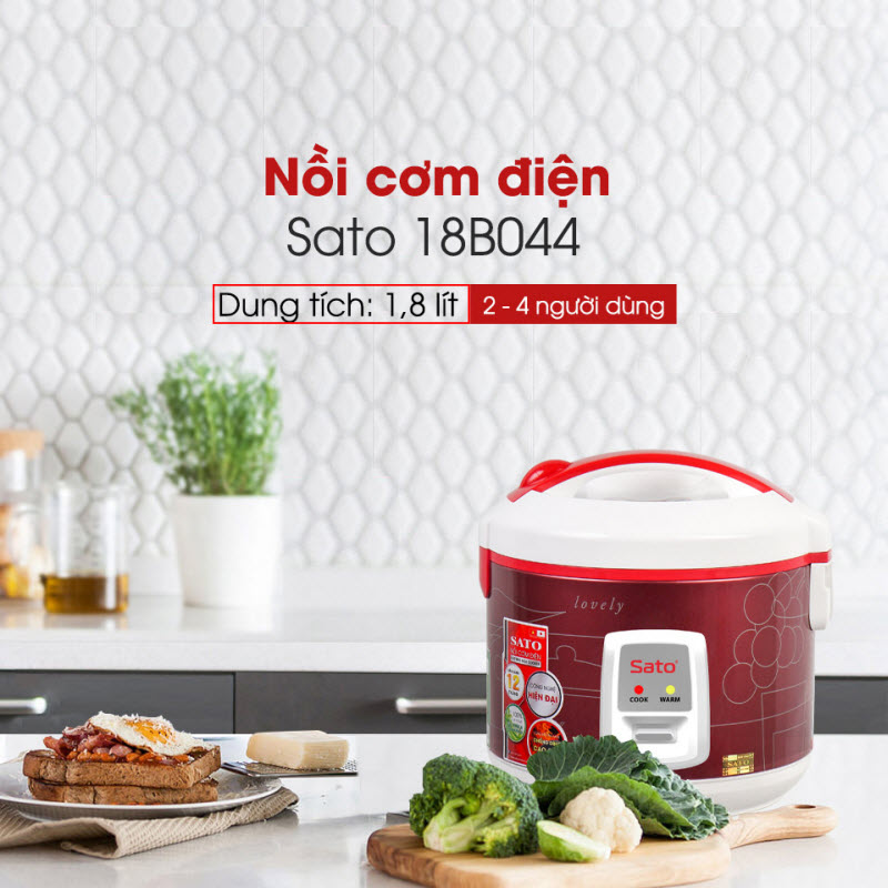 Nồi cơm điện SATO 18B044 1.8L - Lòng nồi hợp kim nhôm phủ chống dính cao cấp, an toàn cho sức khỏe - Miễn phí vận chuyển toàn quốc - Hàng chính hãng