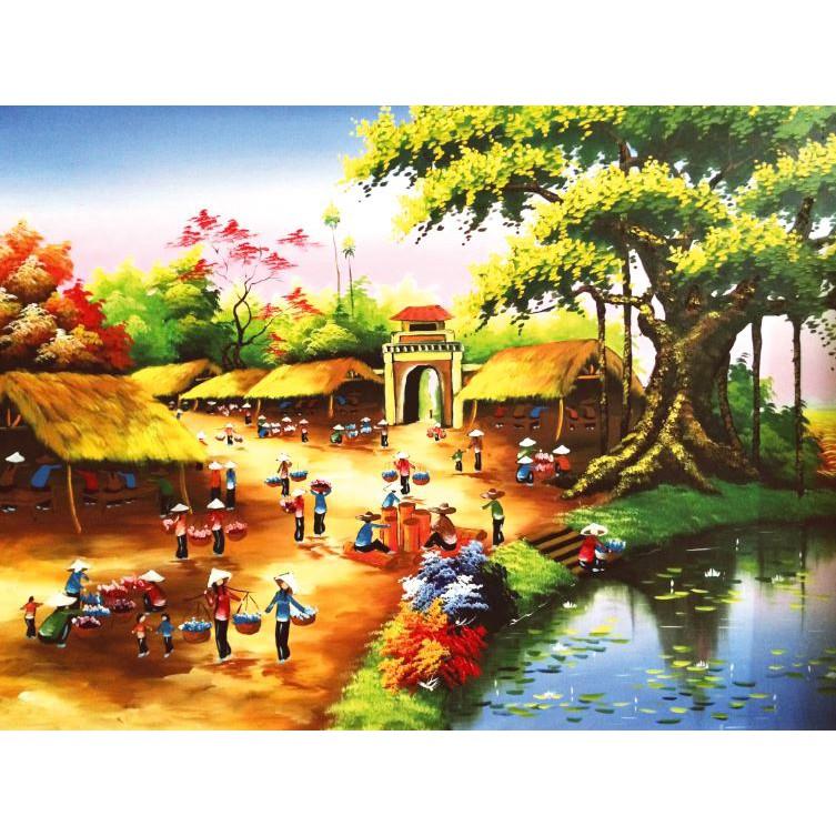 Tranh dán tường 3D phong cảnh làng quê Việt Nam - vải lụa kim sa