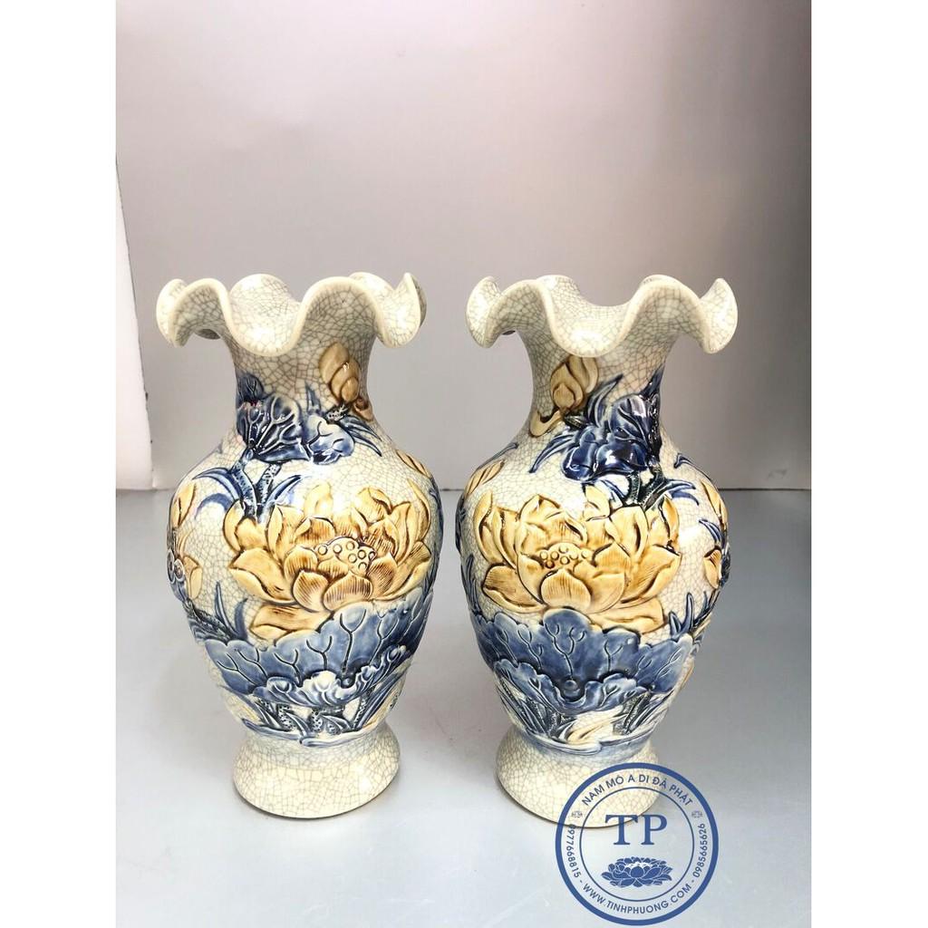 Combo 2 chiếc Lọ hoa thờ hoa sen men rạn cổ loe -TL336