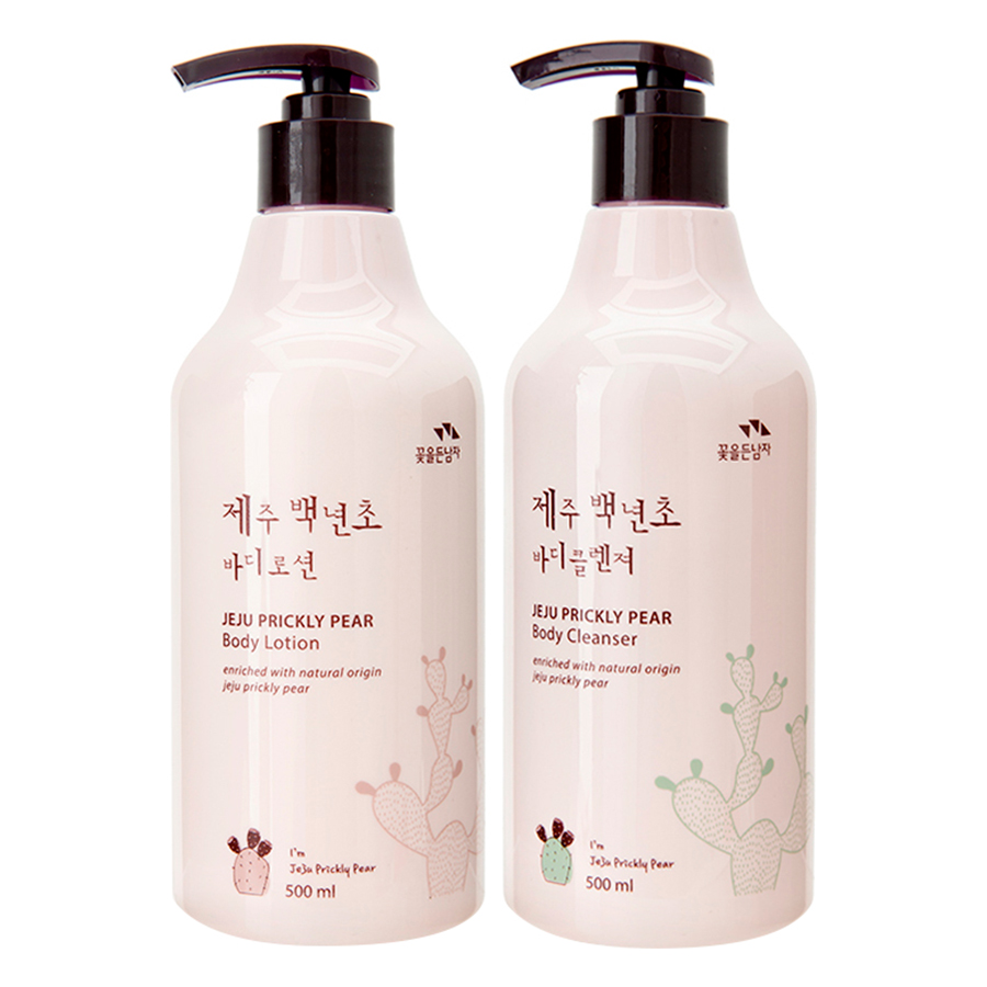 Bộ Sữa Tắm Dưỡng Thể Cosmocos Flor De Man Jeju Prickly Pear Tinh Chất Xương Rồng Gai + Bông Tắm Hàn Quốc