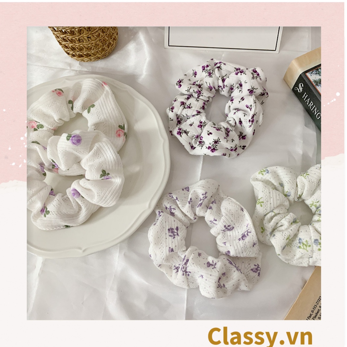 Scrunchies buộc tóc họa tiết  hoa nhí vintage, nữ tính thanh lịch PK711